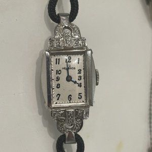 Antique Helbros 14K white Gold & Diamonds Ladies Art Deco Mechanical Watch